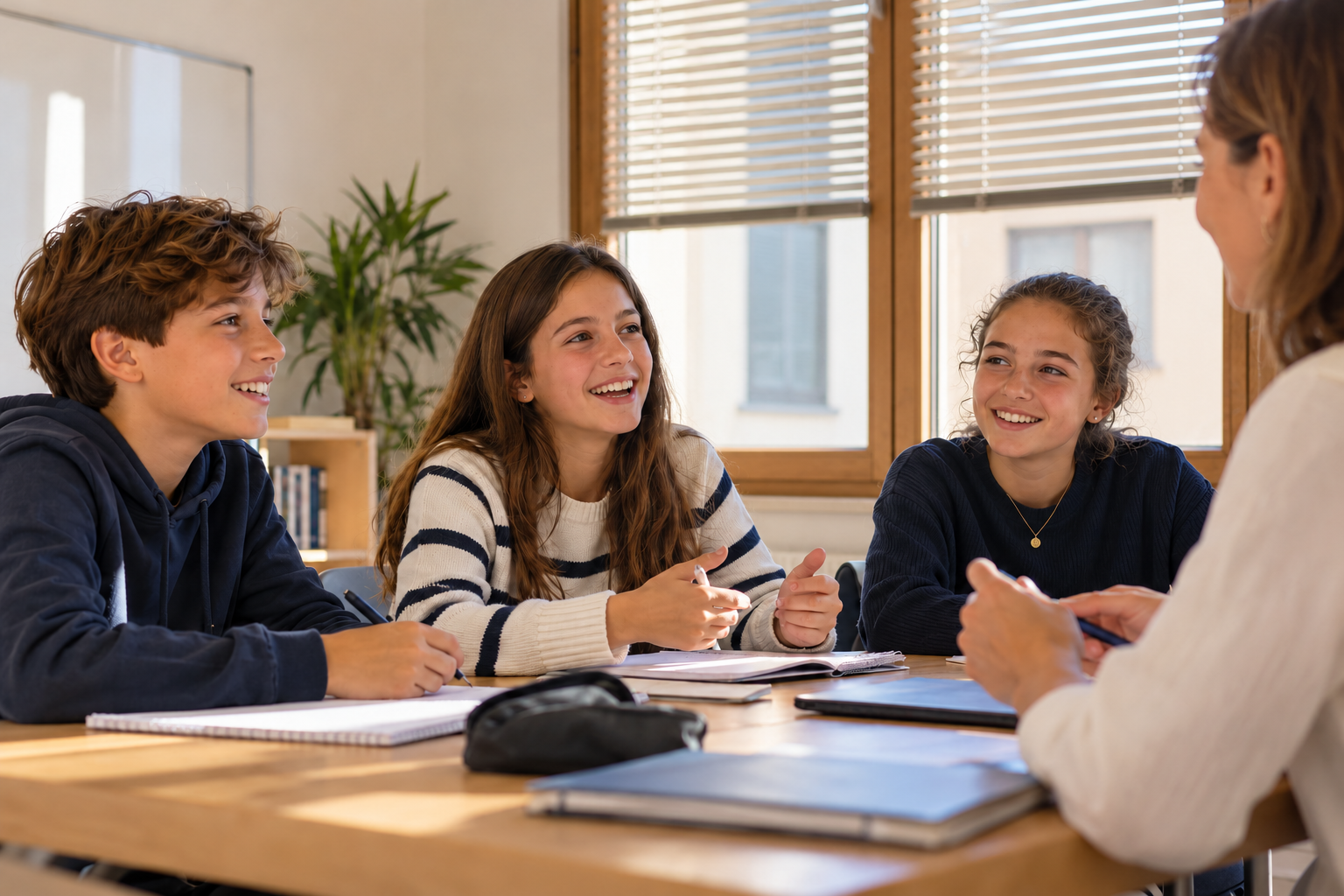 Niños y jóvenes participando en una conversación en clase